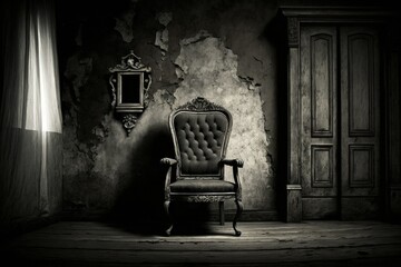 Canvas Print - Terrifying old chair in the background of a dramatic old room texture. Generative AI