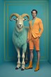 Abstract retro, vintage portrait in yellow blue pastel colors. Capricorn man in old-fashioned styling stands and poses. Animal concept. Generative AI.