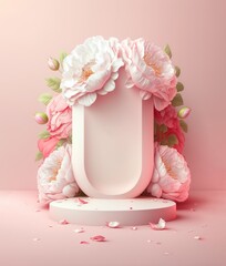 Spring pastel pink product podium with fresh, beautiful flowers. Place for empty product space. Gentle colors. Generative AI.