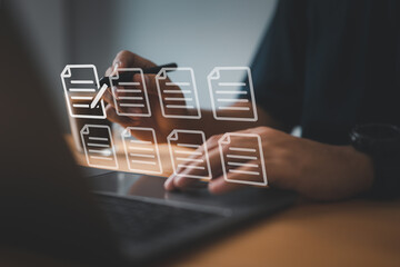Fototapete - Man on laptop manages online docs, digital file storage, record-keeping, file access, sharing, using database tech.