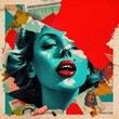 © Uncanny Valley - Abstract creative retro but contemporary pop art collage concept of female lips, red elegant lipstick. Colorful vivid vintage background. Generative AI.