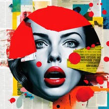 Abstract Creative Retro But Contemporary Pop Art Collage Concept Of Female Lips, Red Elegant Lipstick. Colorful Vivid Vintage Background. Generative AI.