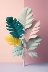 Wall Mural - Minimal summer pastel concept, soft colors of tropical background, pastel palm trees and palm leaf. Exotic summer beach concept. Generative AI.