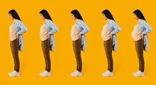Full Length Shot Of Woman With Different Stages Of Pregnancy Standing Over Yellow Studio Background, Side View, Collage