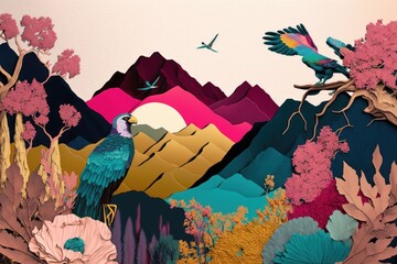 Colorful vivid vintage background. Creative retro but contemporary pop art collage style of Spring mountains and flowers concept, flora and fauna. Generative AI.