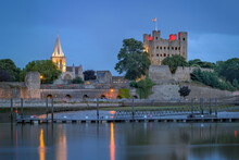 Panoramic View Across River To Historical Rochester At Dusk.