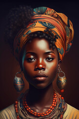 Wall Mural - Portrait of a beautiful young african woman wearing traditional attire, african woman with a colorful shawl on head, ethnic african style, generative ai