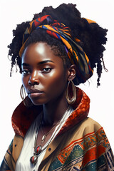 Wall Mural - Portrait of a beautiful young african woman wearing traditional attire on white background, african woman with a colorful shawl on head, ethnic african style, generative ai
