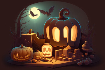 Wall Mural - Contextual information for Halloween. spooky treats next to a lit pumpkin. Generative AI