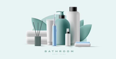 Set of modern body care products for the bathroom 3d. Compositions of shampoo, gel, spray, soap, toothpaste and brush, aroma sticks and towels, with elements of leaves.