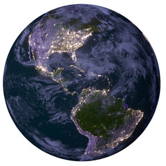 the nightly planet earth as png file transparent with city lights. the america continent. elements o