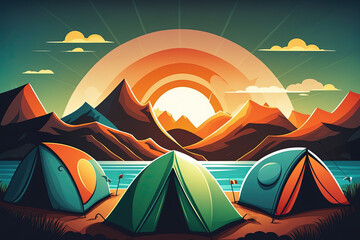 Wall Mural - Camping tents on the summit of a mountain as the sun rises. Generative AI