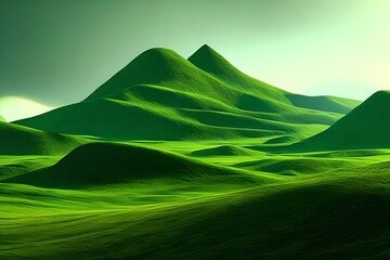 Abstract green landscape wallpaper background illustration design with hills and mountains. Generative AI