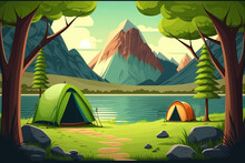 A Background Of A Lake And Mountains Can Be Seen From Two Tourist Tents Pitched In A Woodland Under A Tree. Camping. Generative AI