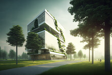 Tree And Environmentally Friendly Building Featuring A Vertical Garden In A Contemporary Urban Setting, With Emphasis On The Former. Tree Filled Green Roof Of Eco Friendly Glass Structure. Place Of Bu