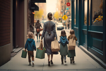 Rear view mother and daughters children walk along the city street with packages and bags with purchases of clothes and groceries. Family shopping with kids. Generative AI