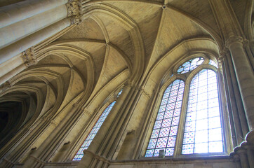 ceiling, columns and walls of the vezelay abbey cathedral interior, france
