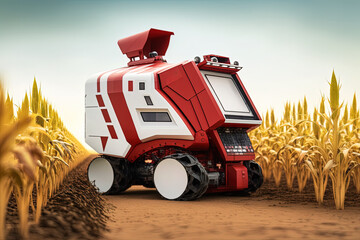 Canvas Print - Farms in rural areas can benefit from using a tiny red corn combine harvester tractor equipped with an AI robot for automatic control of the growing and harvesting processes. Innovation in the agricul