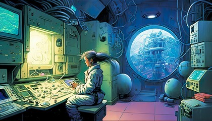 Wall Mural - the computer technologies a horror city in the moon station around 2d art Generative hd wallpaper