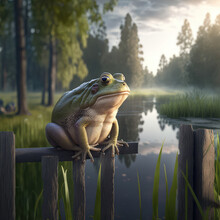 Cute Fat Illustrated 3d Frog Sitting On A Fence, Lake And Forest In The Background