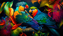 Two Colorful Birds Sitting On Top Of Tree Branch. Generative AI.