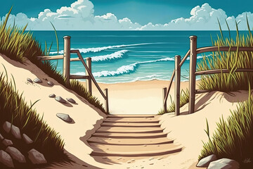 Wall Mural - a dune backed beach with a stairway down to the water. Generative AI