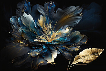 Wall Mural - a wallpaper botanical flowers with one big flower for whole artwork flowing alcohol ink style bioluminescence navy blue background, white, gold, generative ai.