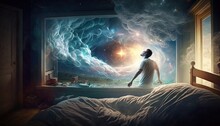 Man In His Bedroom, There Is A Door Portal To Another World. Energy Flying Lucid Dreaming Generative Ai.