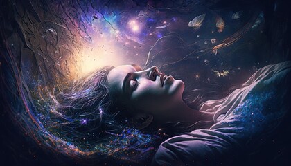 Wall Mural - lucid dreaming meditation woman close up floating in space galaxies stars dreaming illustration gene