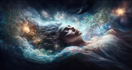 Wall Mural - lucid dreaming meditation woman close up floating in space galaxies stars dreaming illustration gene