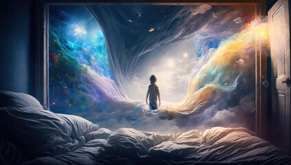 Wall Mural - man in his bedroom, there is a door portal to another world. energy flying lucid dreaming generative
