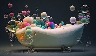  a bathtub filled with soap bubbles on a dark background.  generative ai