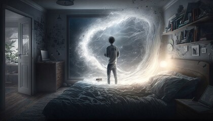 Wall Mural - man standing in his bedroom. portal to another dimension. lucid dreaming concept illustration genera