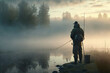 Fisherman with a fishing rod on the background of a misty lake. Generative AI