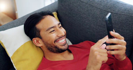 Poster - sofa, happy and relax man with phone scroll, browse or search social media app for comedy or funny m
