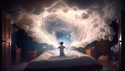 Wall Mural - woman in her bedroom, there is a door portal to another world. energy flying lucid dreaming generati