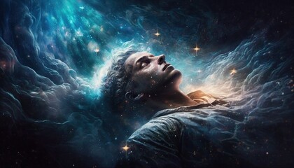 Wall Mural - lucid dreaming meditation man floating in space galaxies stars dreaming illustration generative ai