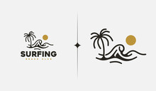 Surfing Beach Monoline. Universal Creative Premium Symbol. Vector Sign Icon Logo Template. Vector Illustration