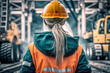 © EdNurg - A young female worker wearing a protective helmet and safety gear on a construction site. AI generative