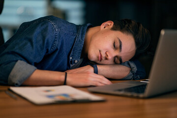 Aufkleber - Closeup of young man manager sleeping at workdesk at office
