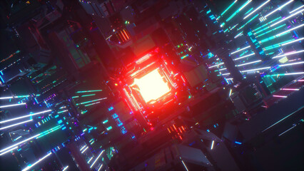 Poster - Science fiction concept. Futuristic illuminated corridor. Technological concept. Transformation. Neon blue red light