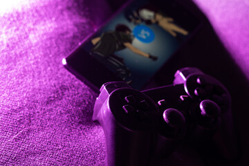 Poster - Smartphone and two game joysticks. Minimalism. Cybersport concept. Streaming.