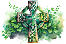 Celtic Cross Decorated With Green Clovers, Watercolor Card, Ai Generation