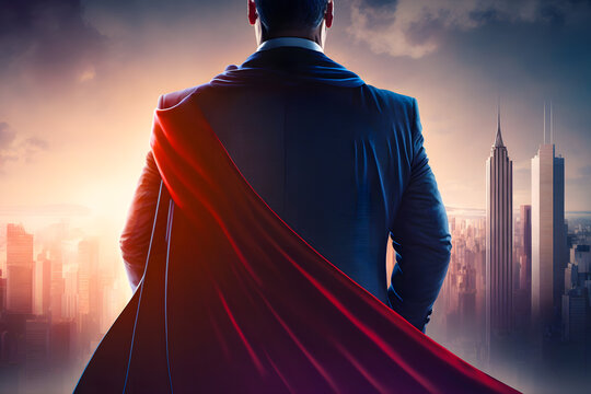 successful businessman savior in business suit with a superhero red cape stands proudly against the 