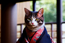 Cat In Kimono. Portrait Of Cute Pussycat In Japanese Costume. Generative AI.