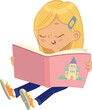 © FoxyImage - Illustration of a cute girl sitting on the floor and reading a fairy tale. School girl reading a book. Cartoon isolated