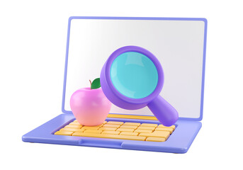 Poster - Cartoon laptop with search icon, web page, likes, comments and chat. social networks, internet search education network. 3d rendering. PNG icon