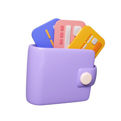 Poster - Cartoon wallet with credit card. Online shopping payment concept. PNG icon isolated on white background. 3d rendering illustration. Clipping path of each element included.