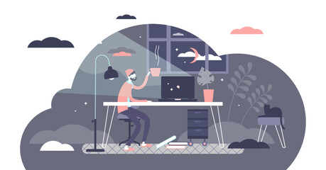 Freelancer working illustration, transparent background. Work place in home flat tiny persons concept. Late night working with creative ideas as outsource occupation.
