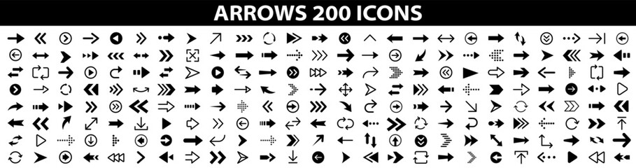 Poster - Arrow 200 icon set. Arrow. Cursor. Collection different arrows sign. Black vector arrows icons. Modern simple arrows. Vector illustration.